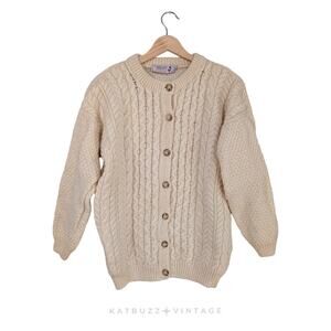 Vintage Wool Cardigan Sweater Women M Cream Cable Knit Fisherman Chunky Heritage